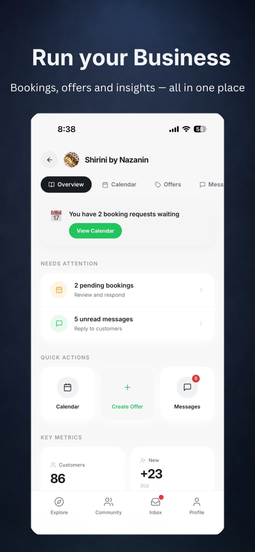 Run your business — bookings, offers, insights
